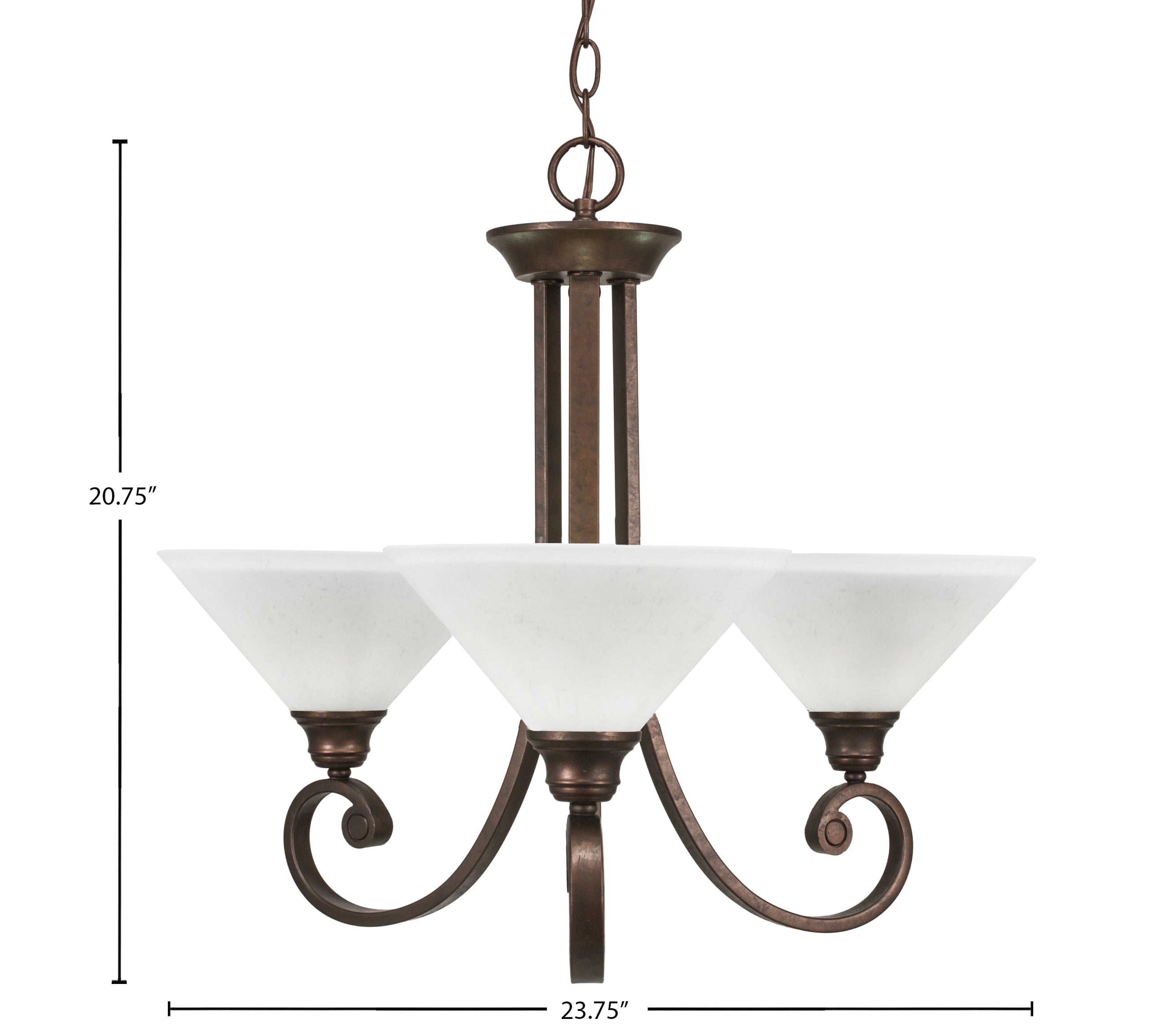 Curl Three Light Chandelier in Bronze with 10" White Muslin Shade
