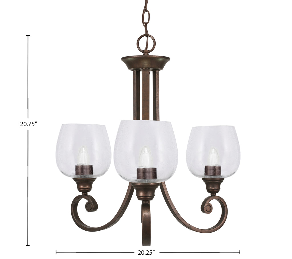 Curl Three Light Chandelier in Bronze with 6" Clear Bubble Shade