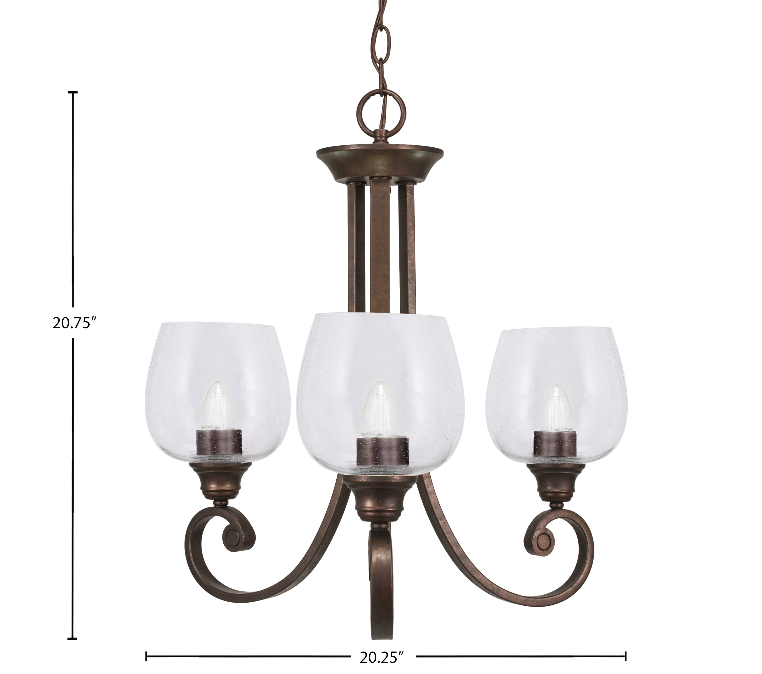 Curl Three Light Chandelier in Bronze with 6" Clear Bubble Shade