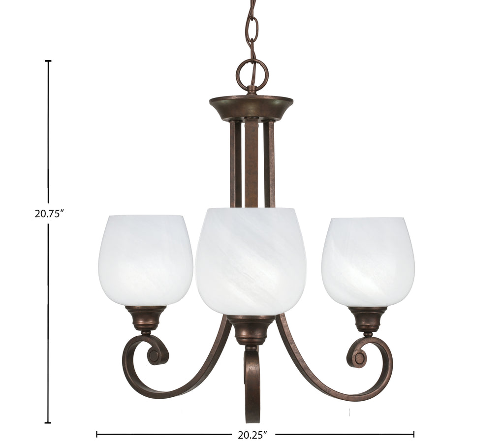 Curl Three Light Chandelier in Bronze with 6" White Marble Shade