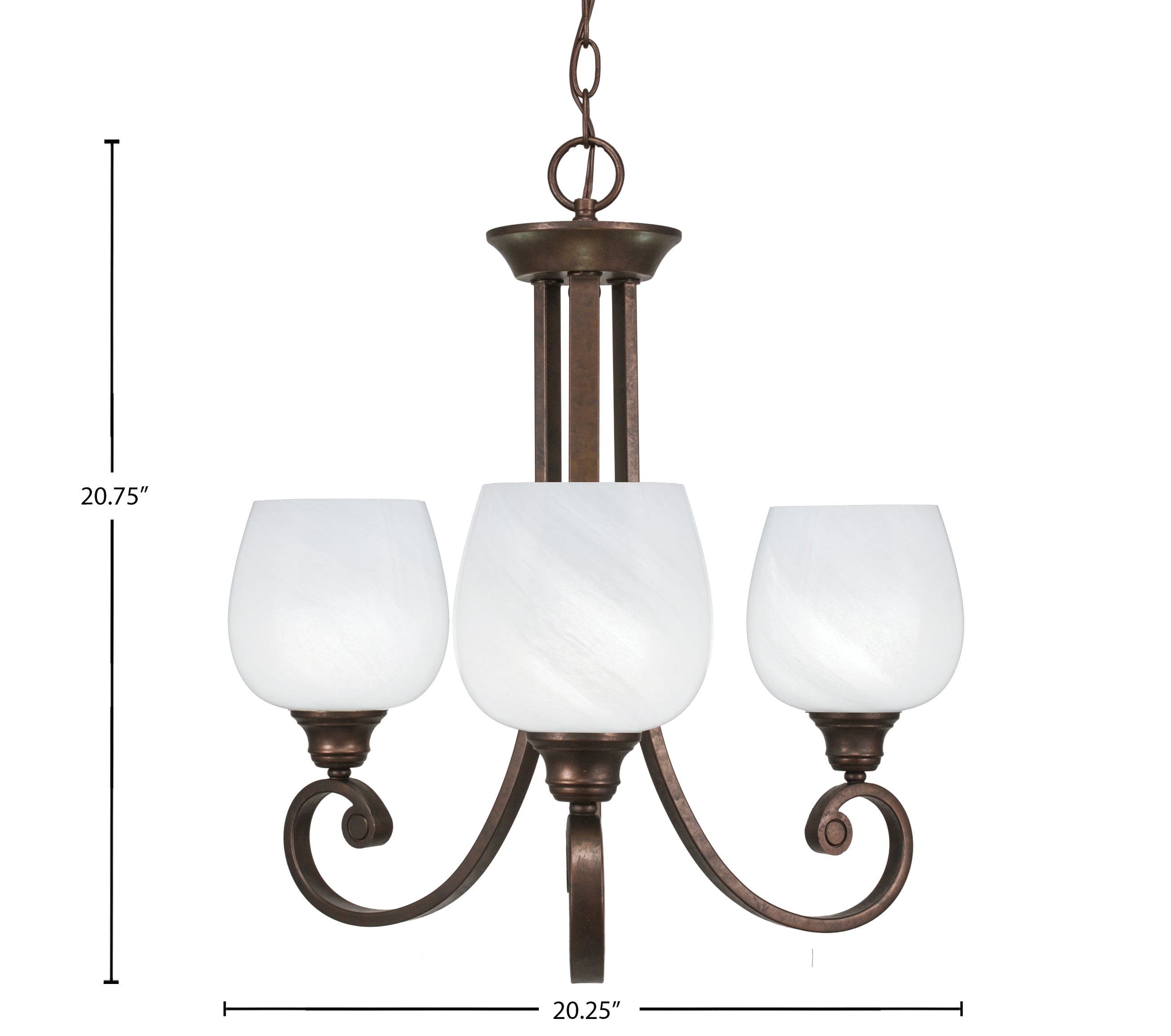 Curl Three Light Chandelier in Bronze with 6" White Marble Shade