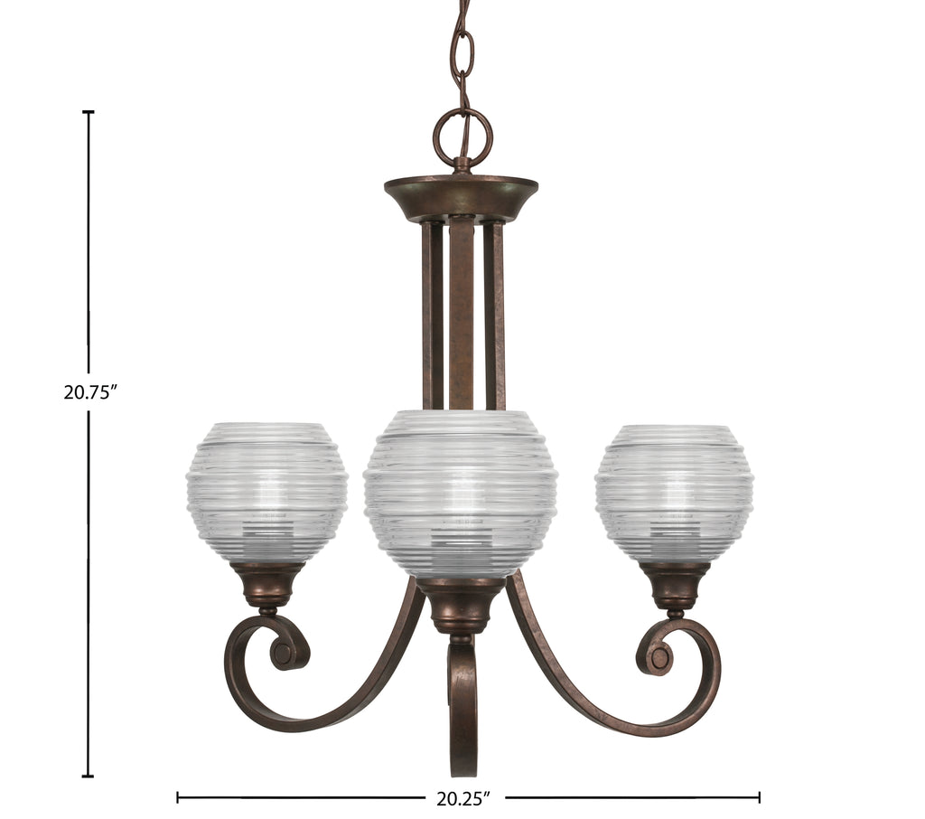 Curl Three Light Chandelier in Bronze with 6" Clear Ribbed Shade