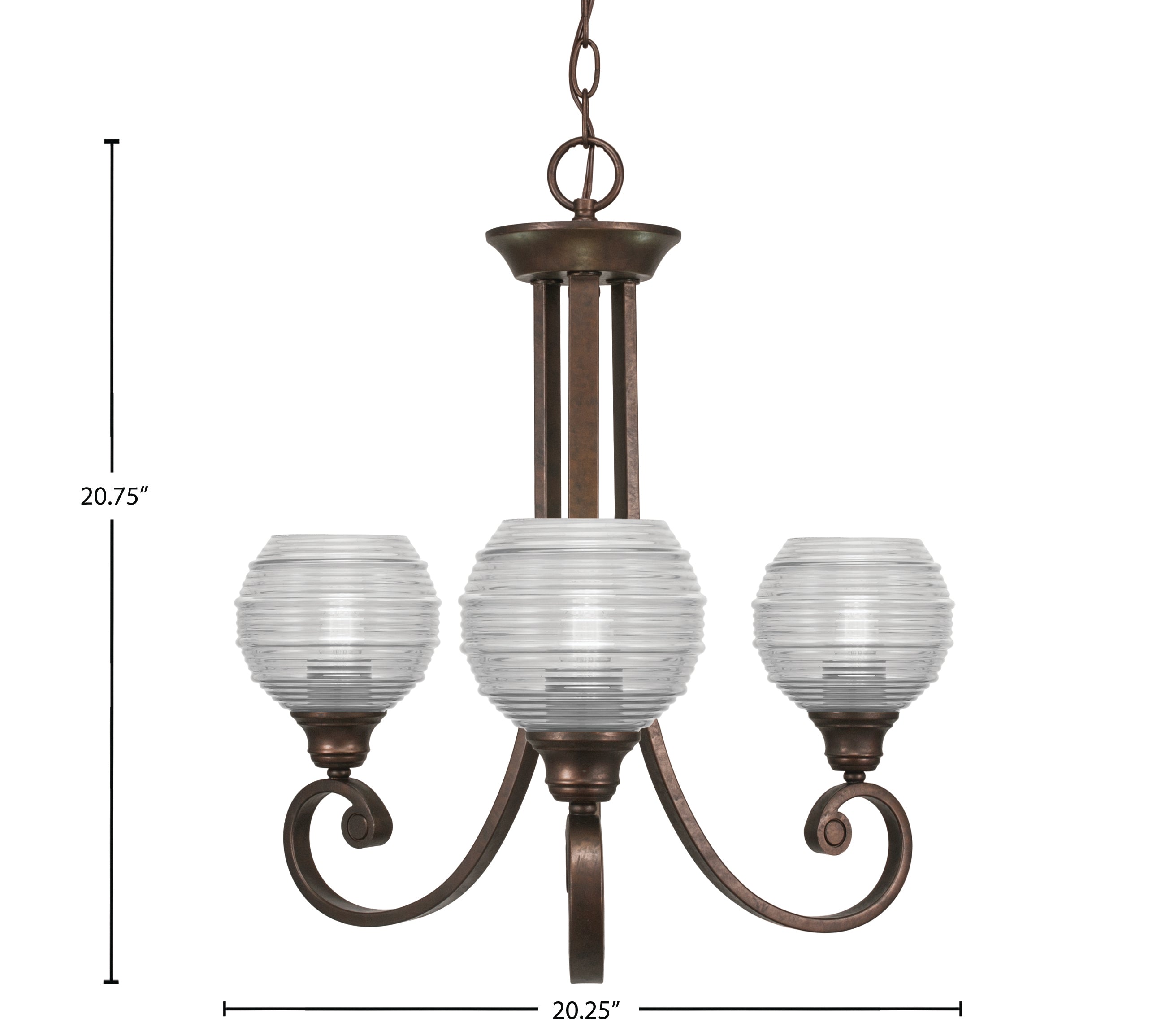 Curl Three Light Chandelier in Bronze with 6" Clear Ribbed Shade