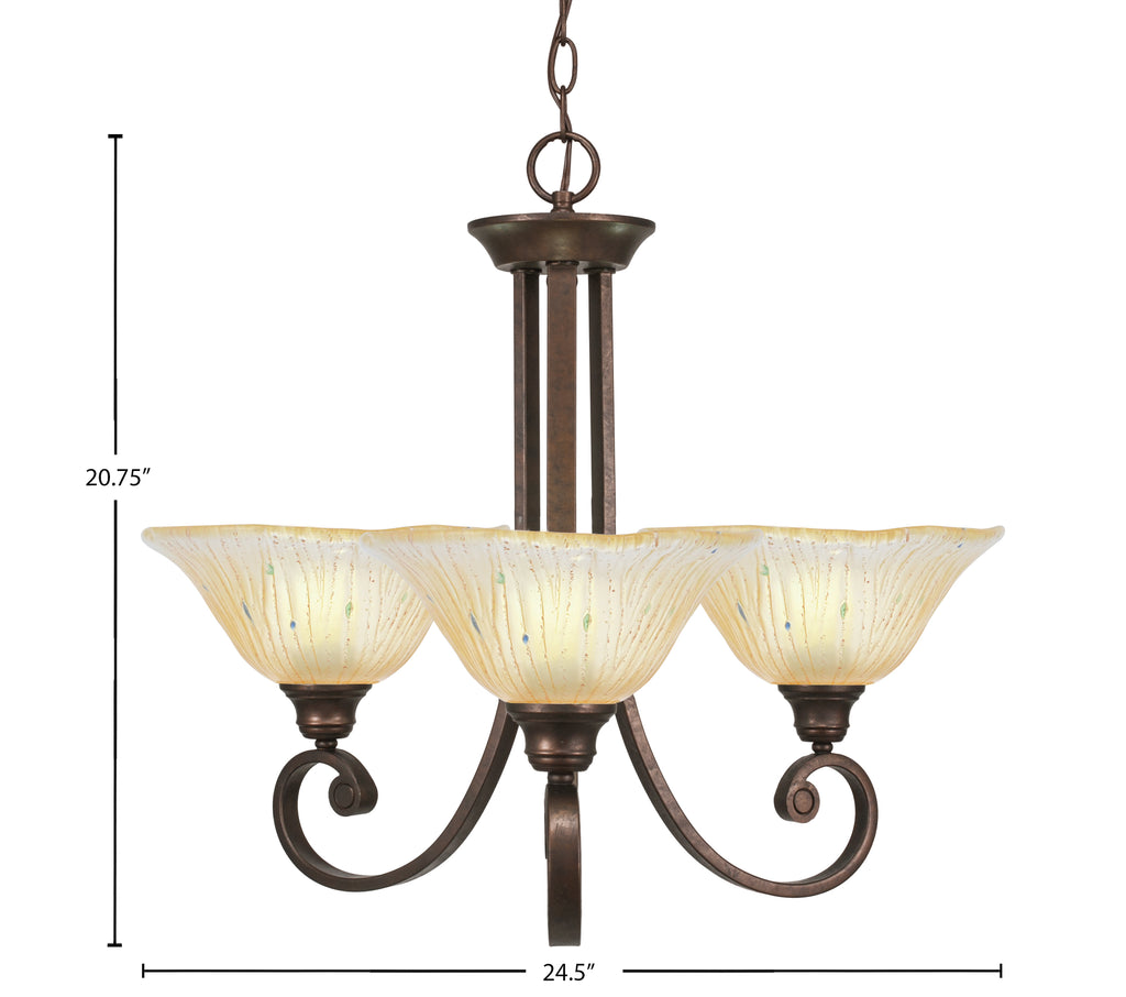 Curl Three Light Chandelier in Bronze with 10" Amber Crystal Shade