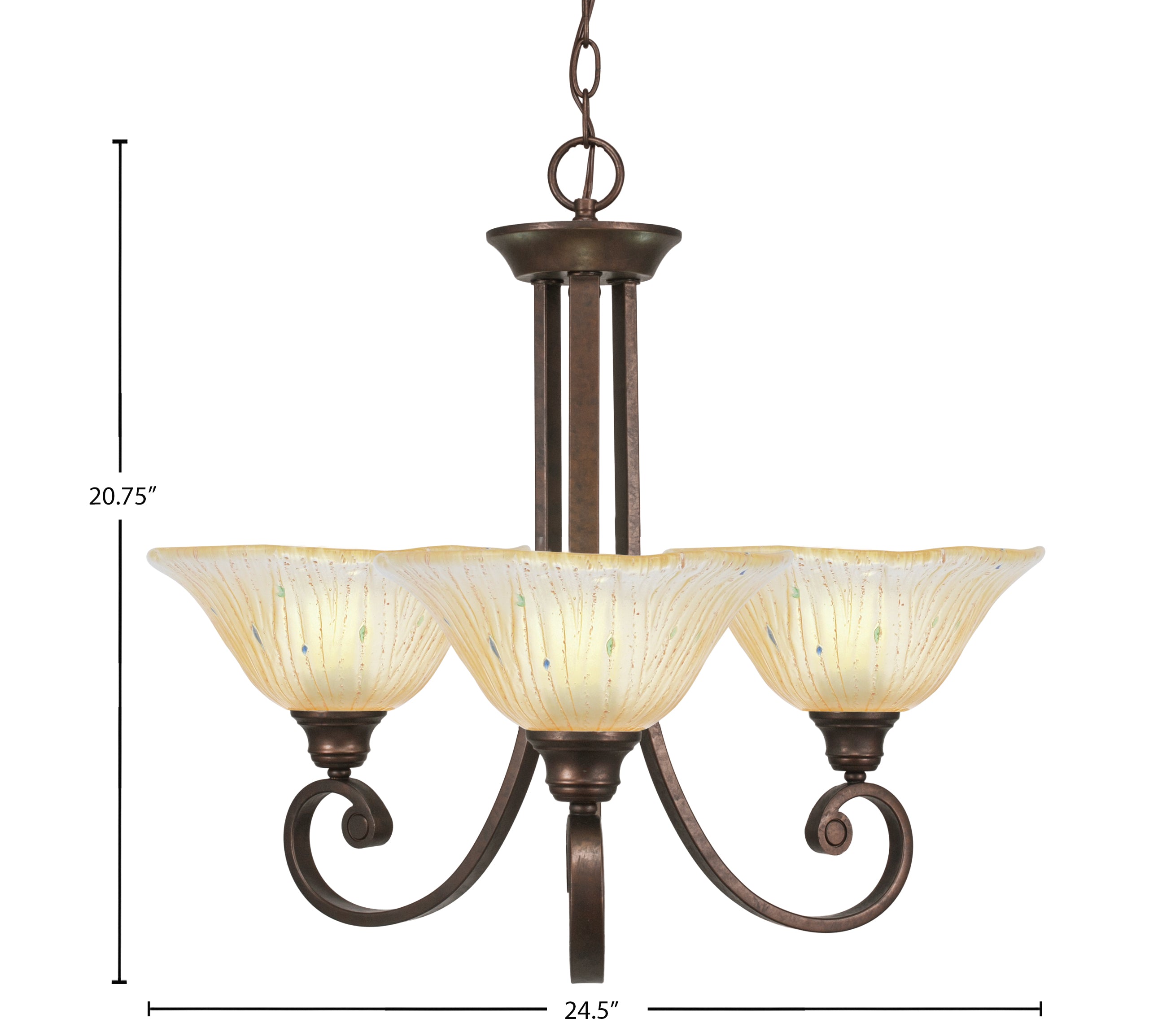 Curl Three Light Chandelier in Bronze with 10" Amber Crystal Shade