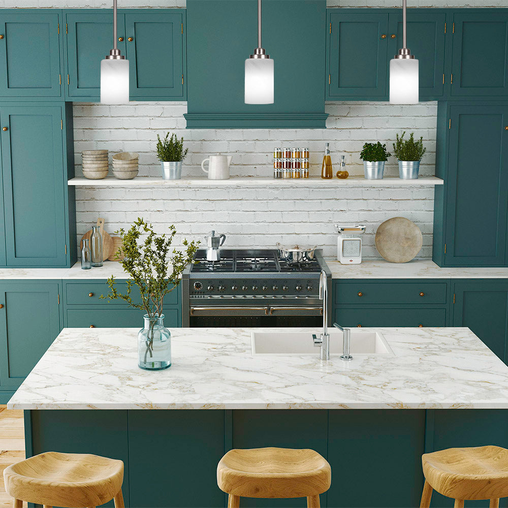 Odyssey One Light Mini Pendant in Brushed Nickel with 4" White Marble Shade