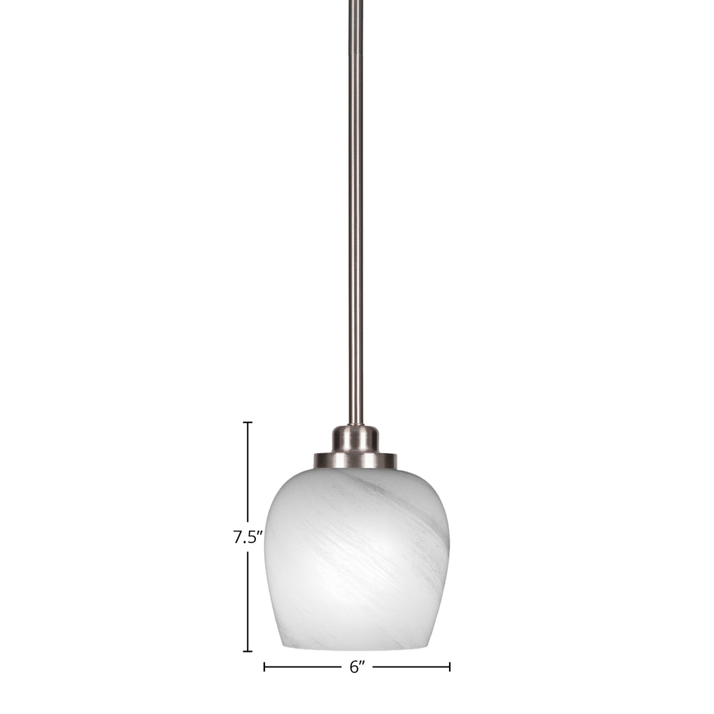 Odyssey One Light Mini Pendant in Brushed Nickel with 6" White Marble Shade