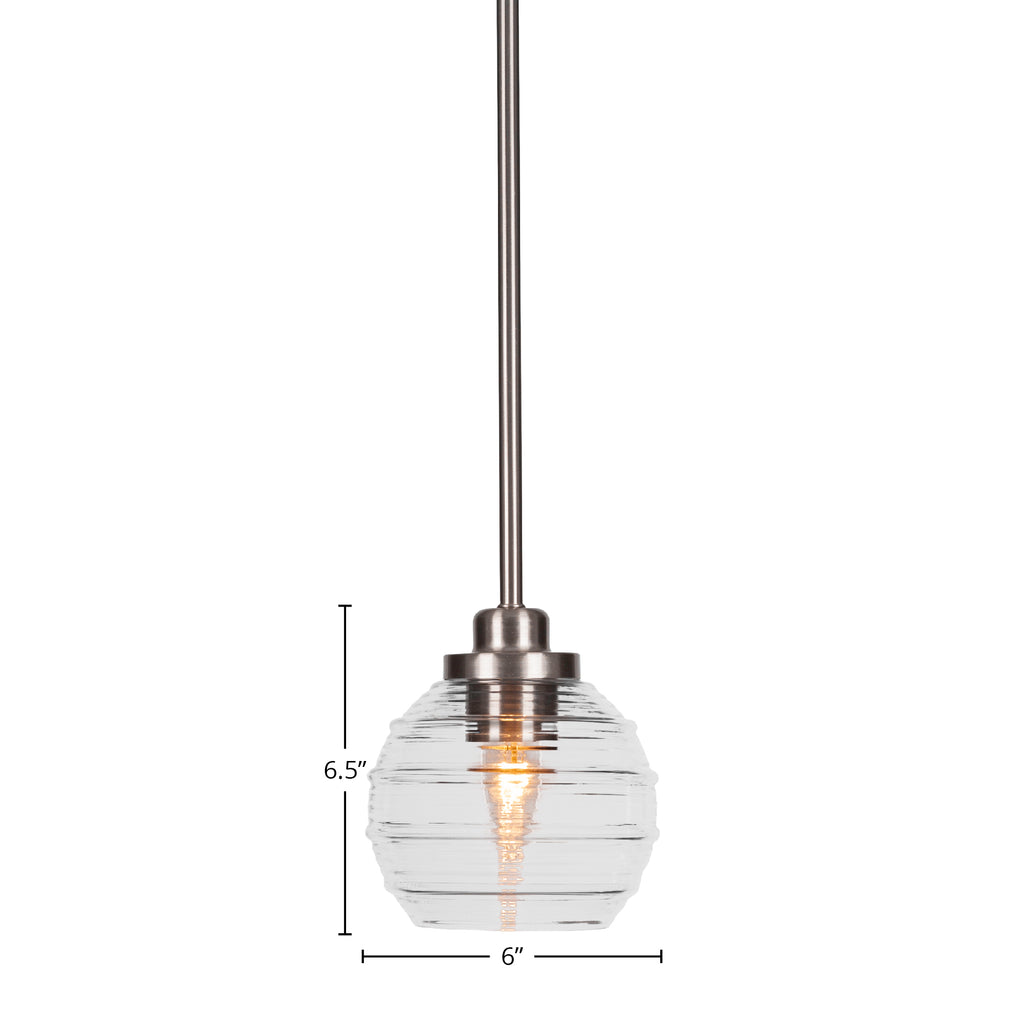 Odyssey One Light Mini Pendant in Brushed Nickel with 6" Clear Ribbed Shade