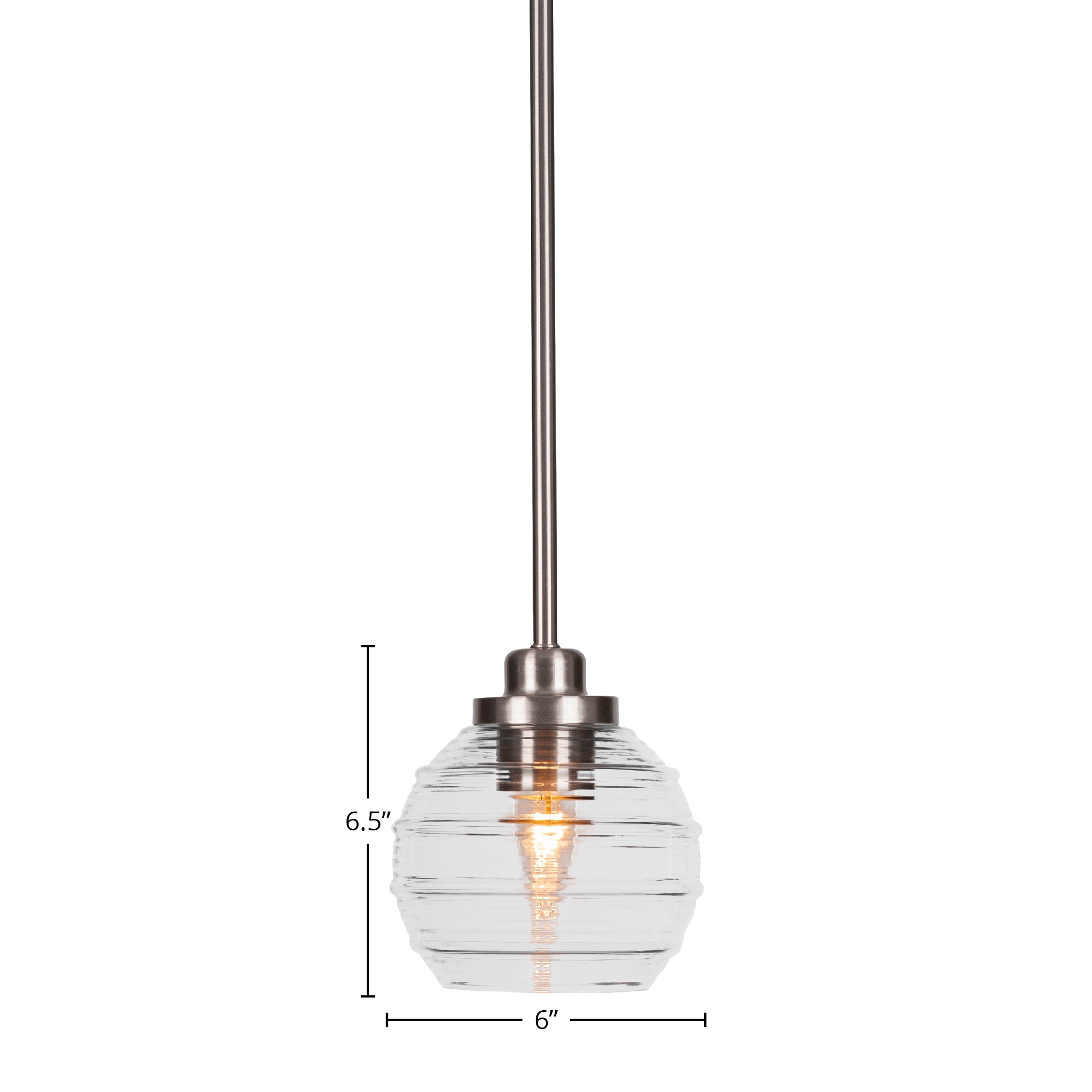 Odyssey One Light Mini Pendant in Brushed Nickel with 6" Clear Ribbed Shade