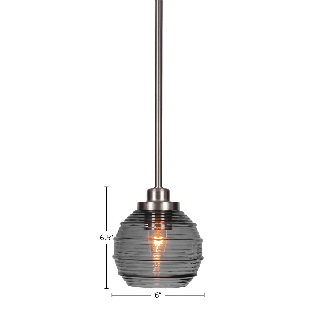 Odyssey One Light Mini Pendant in Brushed Nickel with 6" Smoke Ribbed Shade