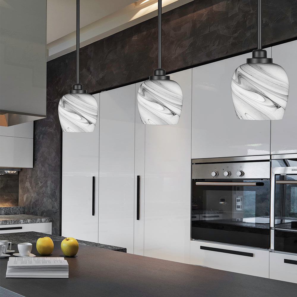 Odyssey One Light Mini Pendant in Matte Black with 6" Onyx Swirl Shade