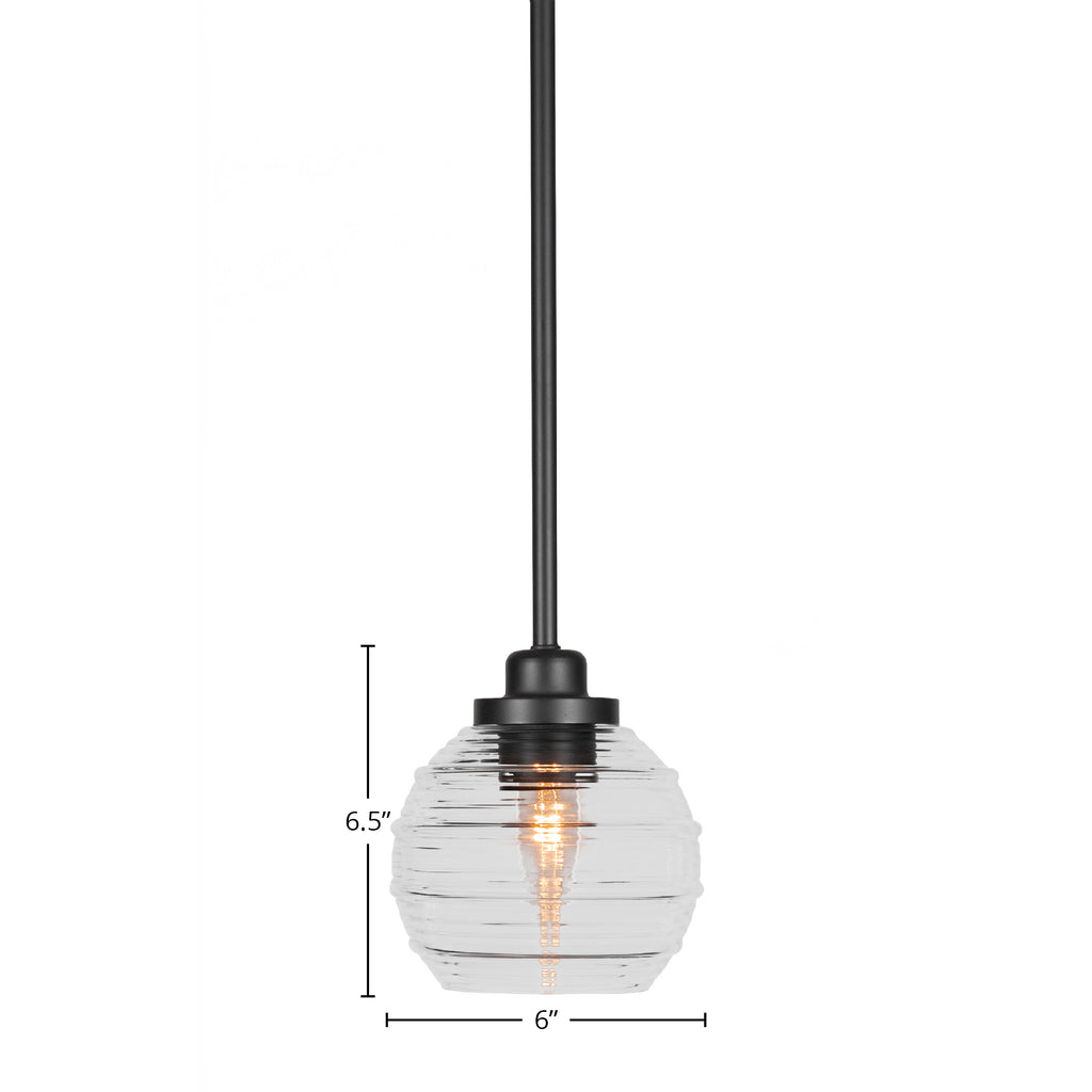 Odyssey One Light Mini Pendant in Matte Black with 6" Clear Ribbed Shade
