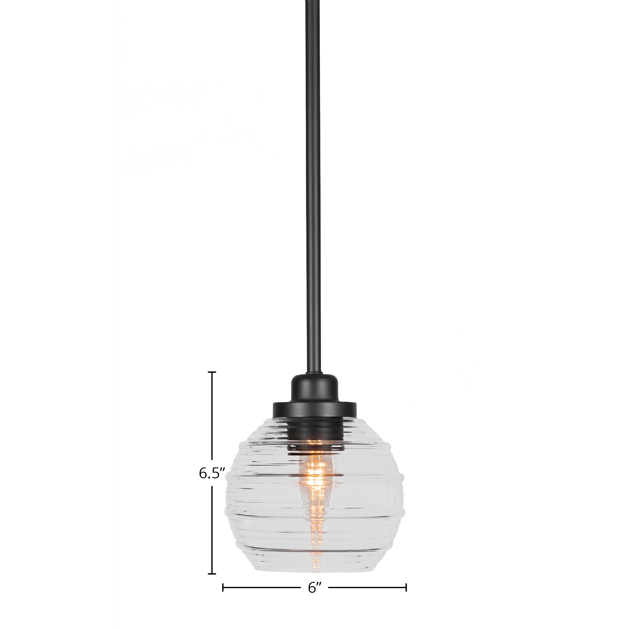 Odyssey One Light Mini Pendant in Matte Black with 6" Clear Ribbed Shade