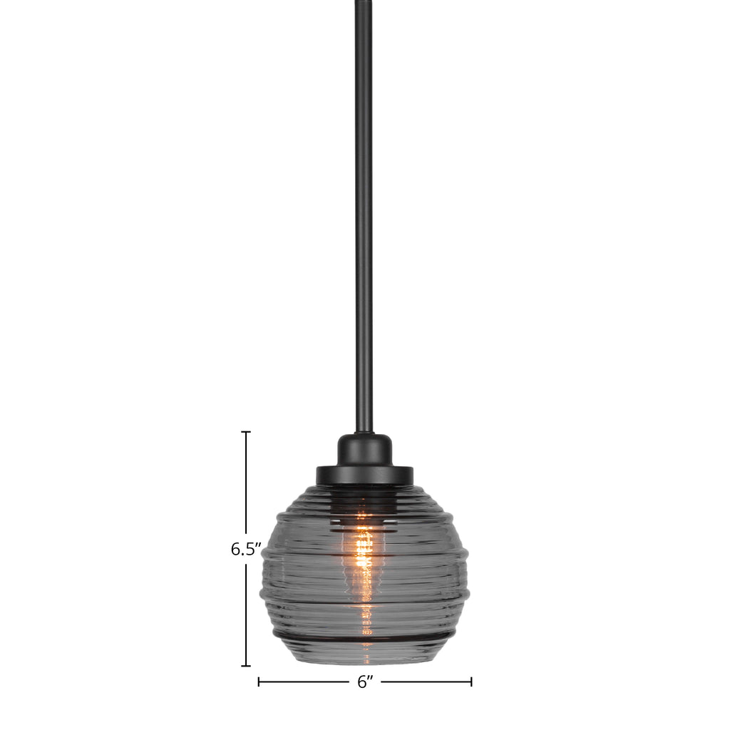 Odyssey One Light Mini Pendant in Matte Black with 6" Smoke Ribbed Shade