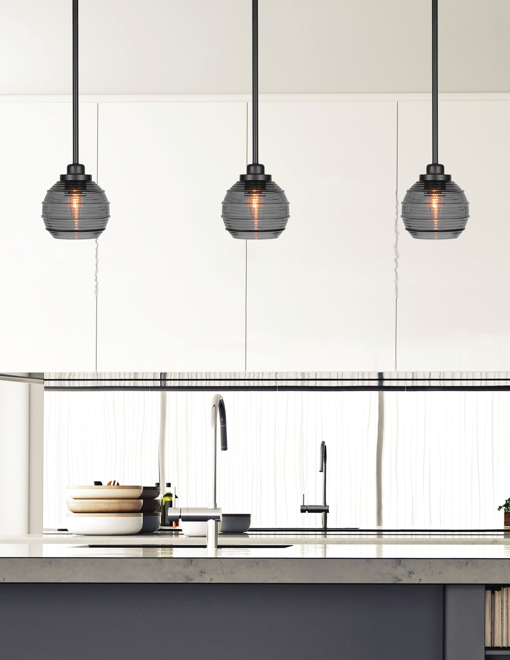 Odyssey One Light Mini Pendant in Matte Black with 6" Smoke Ribbed Shade