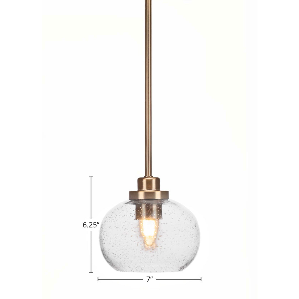 Odyssey One Light Mini Pendant in New Age Brass with 7" Clear Bubble Shade