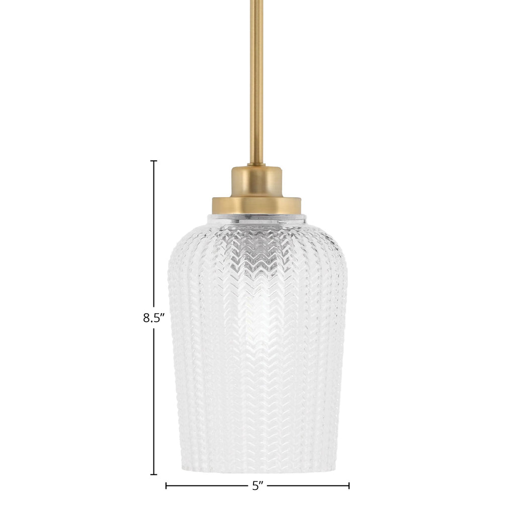 Odyssey One Light Mini Pendant in New Age Brass with 5" Clear Textured Shade