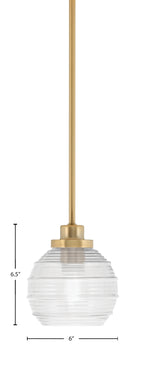 Odyssey One Light Mini Pendant in New Age Brass with 6" Clear Ribbed Shade