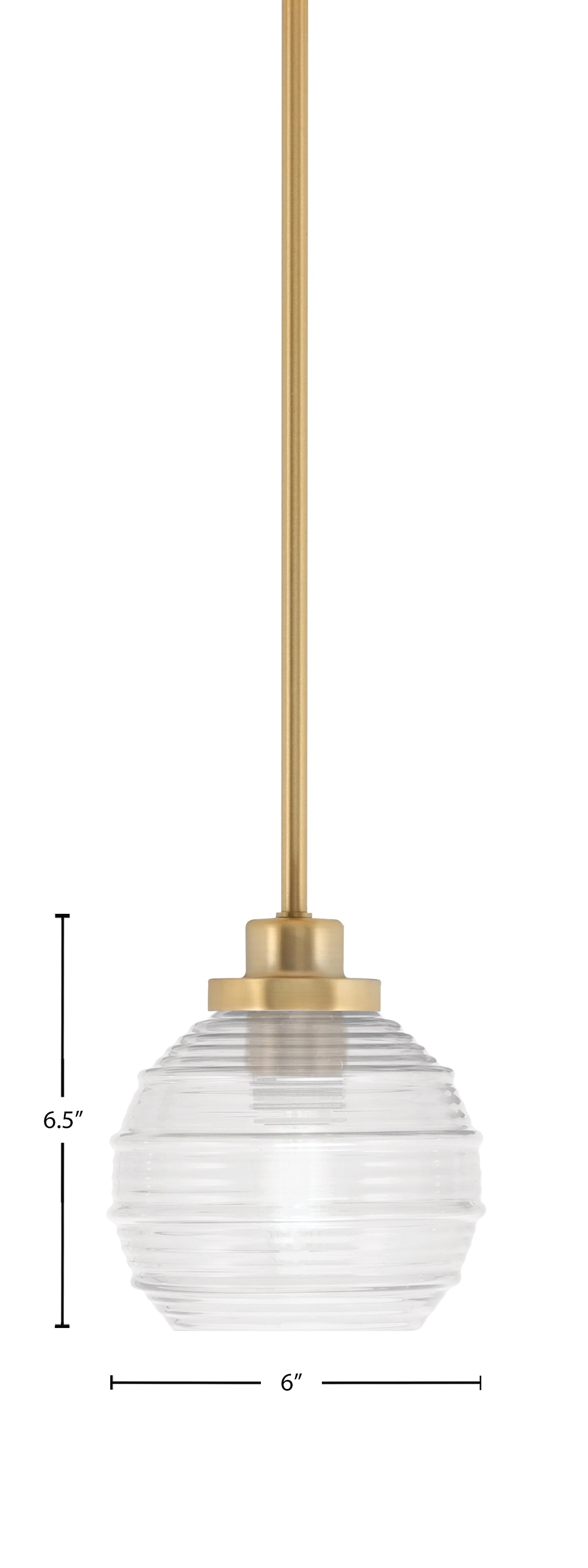 Odyssey One Light Mini Pendant in New Age Brass with 6" Clear Ribbed Shade