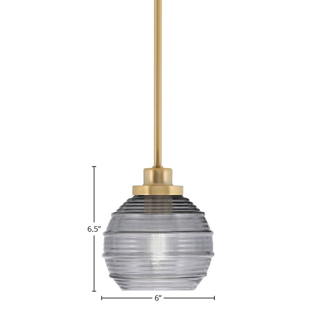 Odyssey One Light Mini Pendant in New Age Brass with 6" Smoke Ribbed Shade