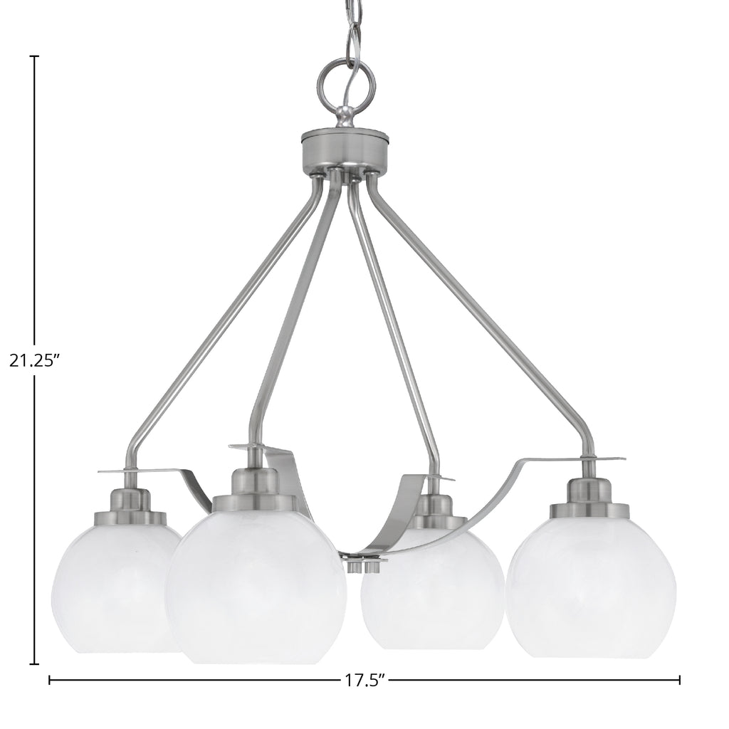 Odyssey Four Light Chandelier in Brushed Nickel with 5.75" White Marble Shade