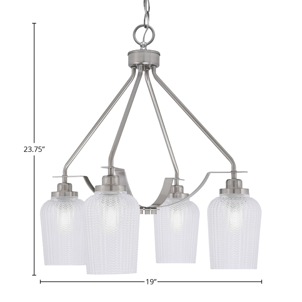 Odyssey Four Light Chandelier in Brushed Nickel with 5" Clear Textured Shade