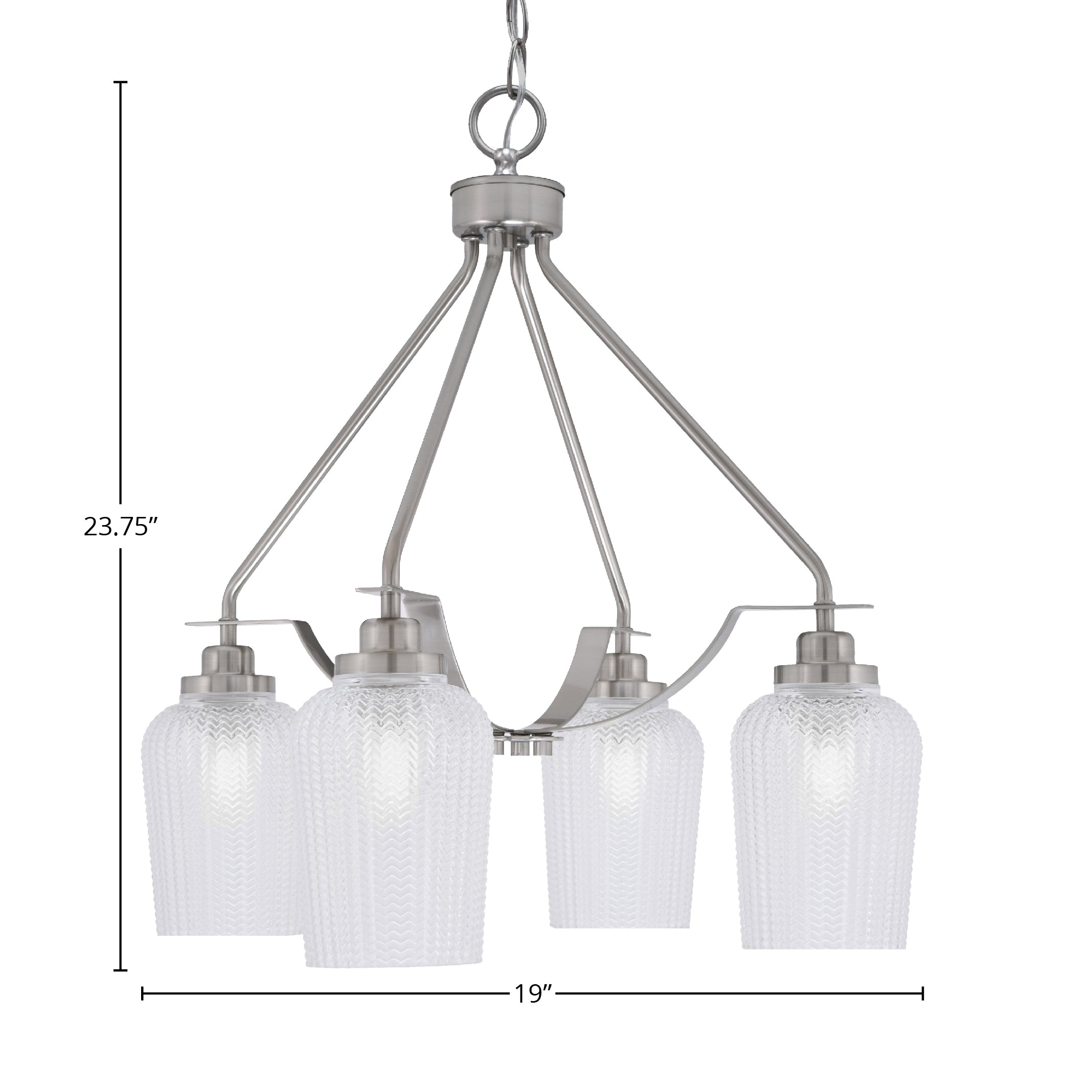 Odyssey Four Light Chandelier in Brushed Nickel with 5" Clear Textured Shade