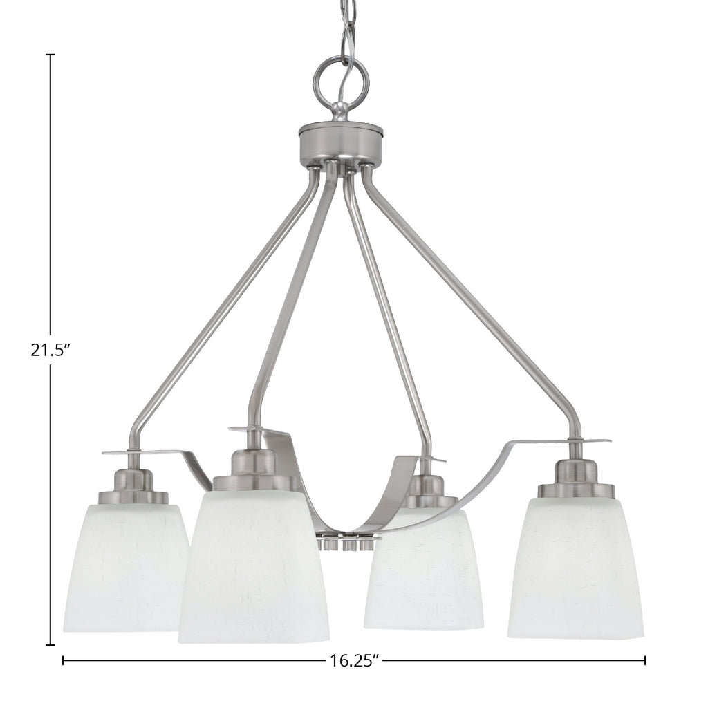Odyssey Four Light Chandelier in Brushed Nickel with 4.5" Square White Muslin Shade