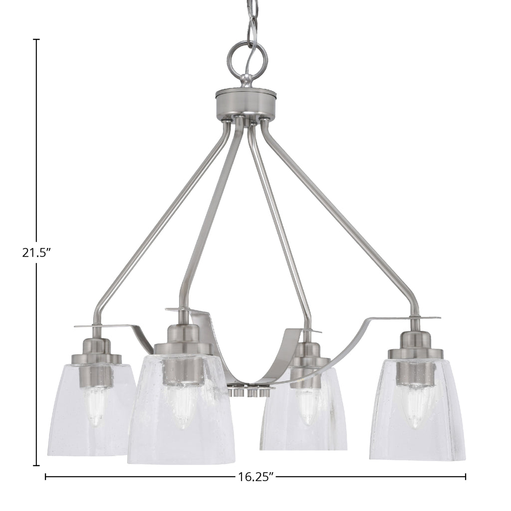 Odyssey Four Light Chandelier in Brushed Nickel with 4.5" Square Clear Bubble Shade