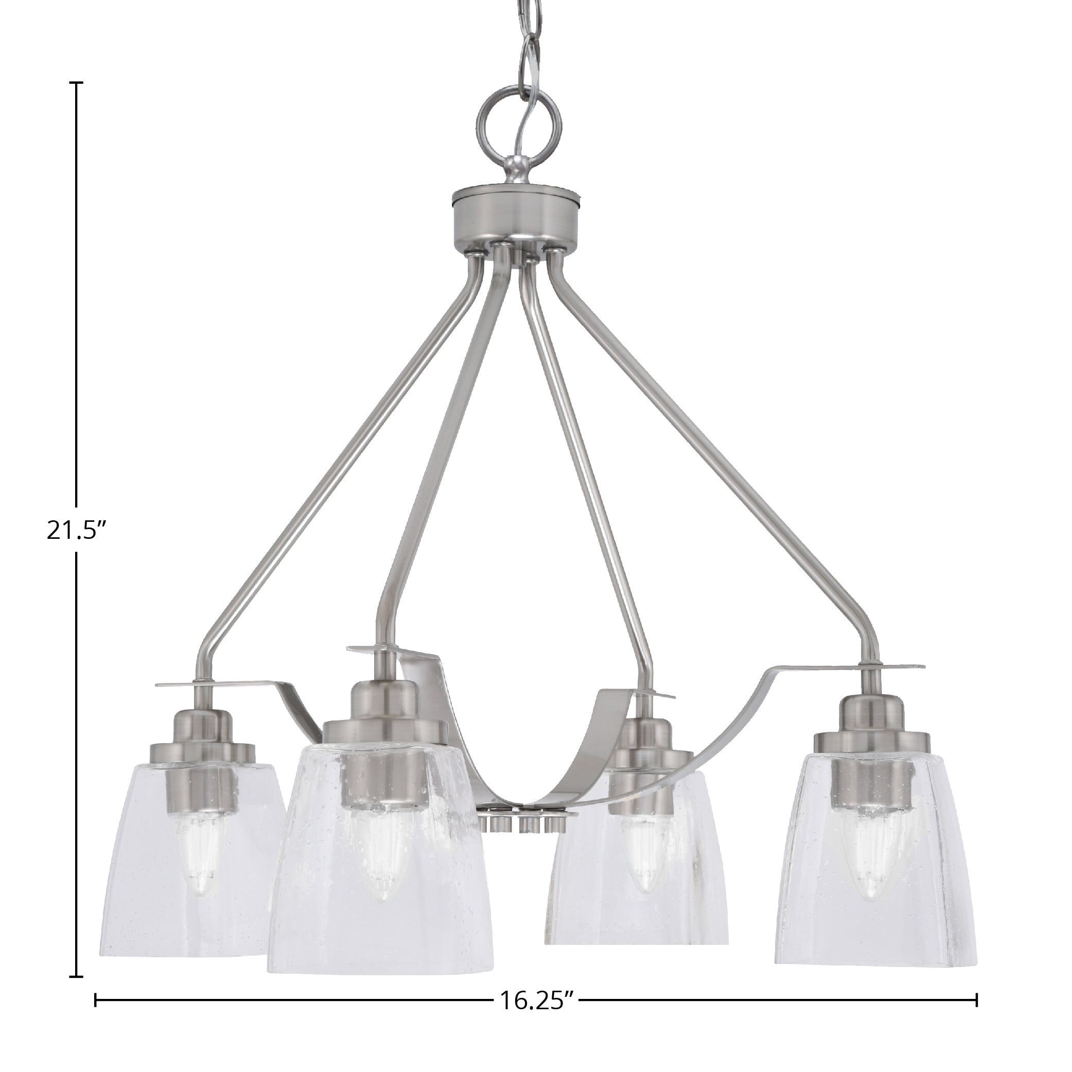 Odyssey Four Light Chandelier in Brushed Nickel with 4.5" Square Clear Bubble Shade