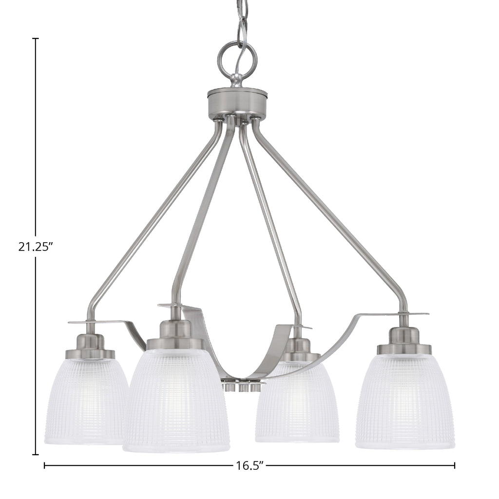 Odyssey Four Light Chandelier in Brushed Nickel with 5" Clear Ribbed Shade