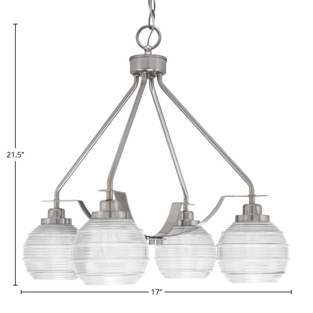 Odyssey Four Light Chandelier in Brushed Nickel with 6" Clear Ribbed Shade