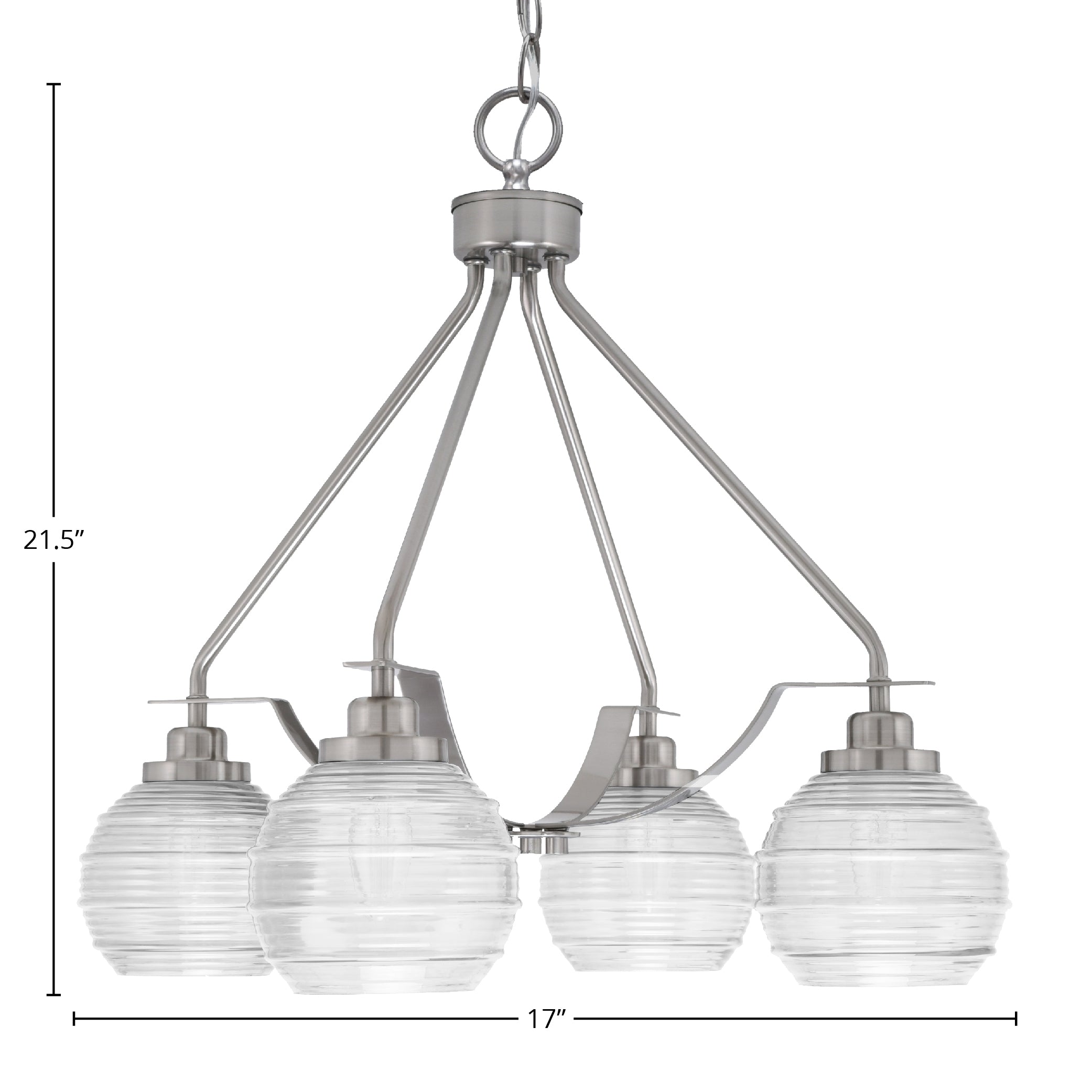Odyssey Four Light Chandelier in Brushed Nickel with 6" Clear Ribbed Shade