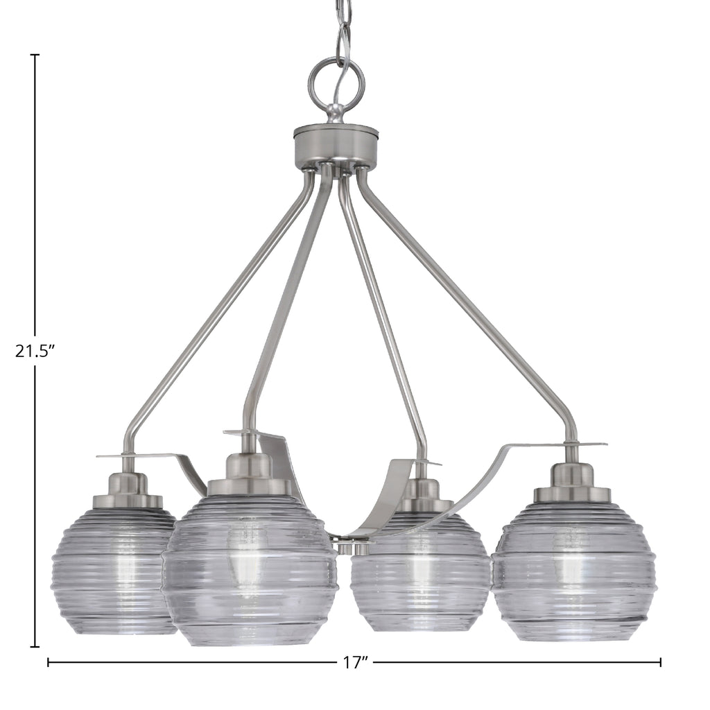 Odyssey Four Light Chandelier in Brushed Nickel with 6" Smoke Ribbed Shade