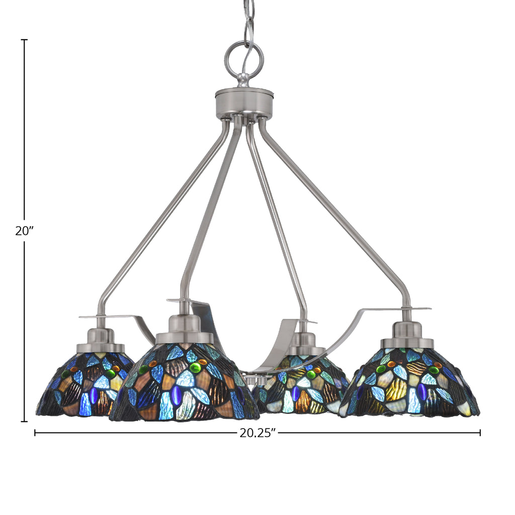 Odyssey Four Light Chandelier in Brushed Nickel with 7" Blue Mosaic Art Glass Shade