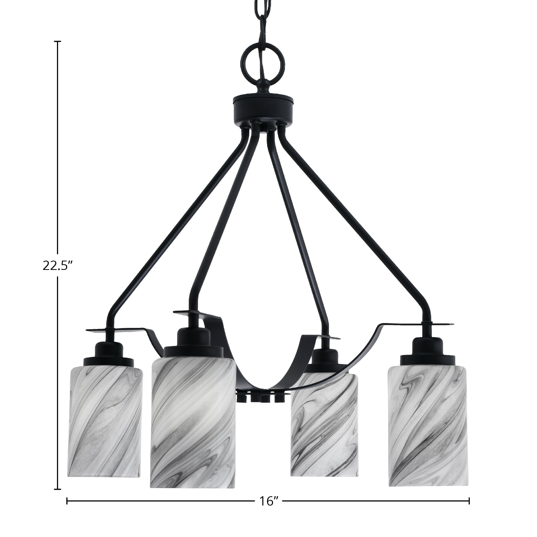 Odyssey Four Light Chandelier in Matte Black with 4" Onyx Swirl Shade