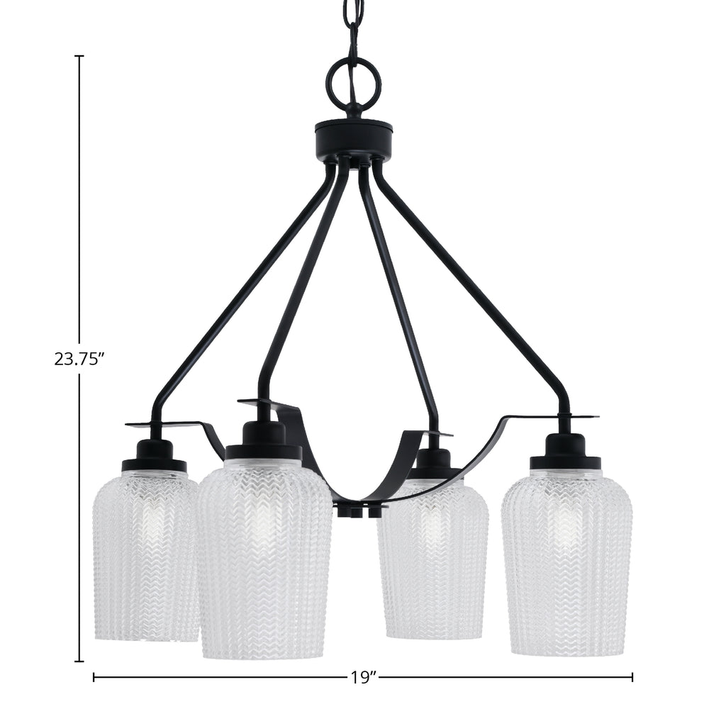 Odyssey Four Light Chandelier in Matte Black with 5" Clear Textured Shade
