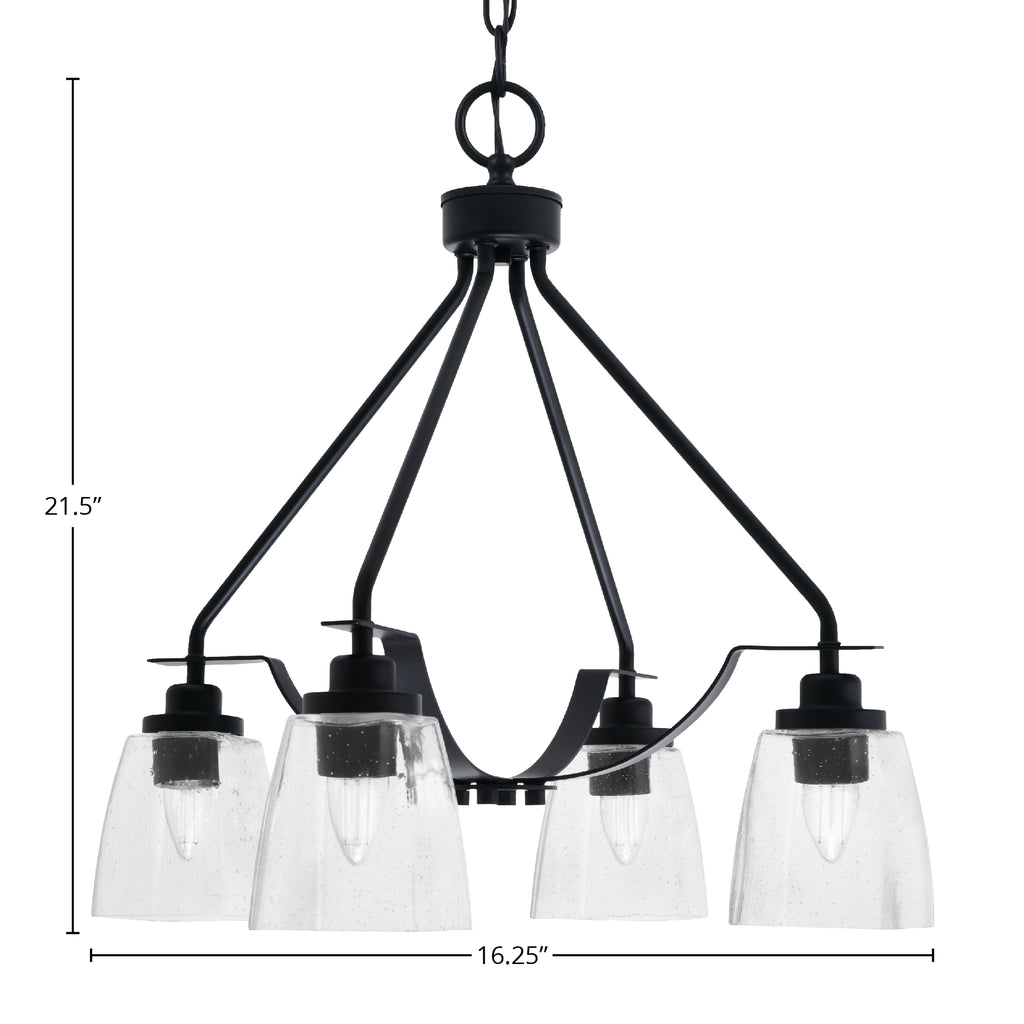 Odyssey Four Light Chandelier in Matte Black with 4.5" Square Clear Bubble Shade