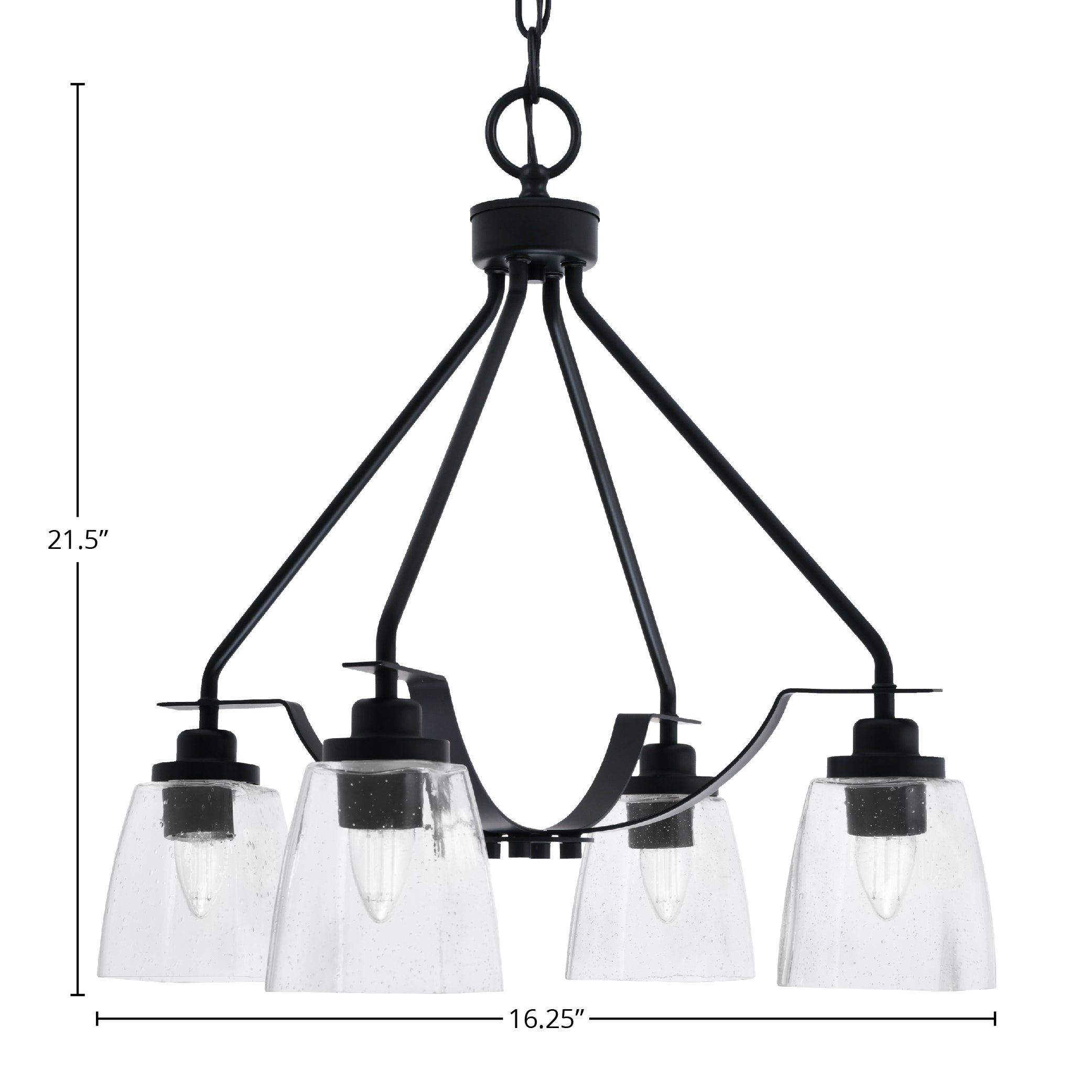 Odyssey Four Light Chandelier in Matte Black with 4.5" Square Clear Bubble Shade