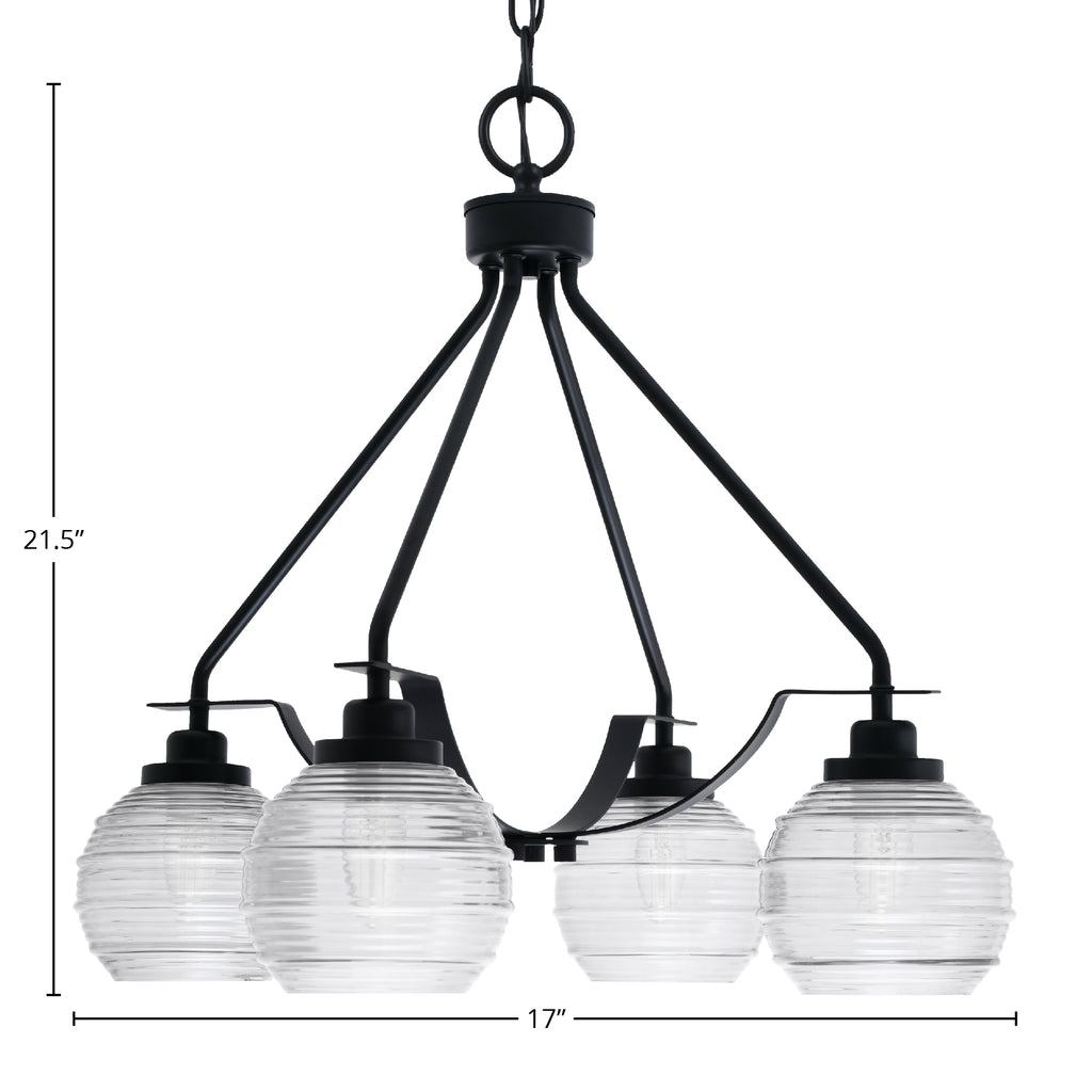 Odyssey Four Light Chandelier in Matte Black with 6" Clear Ribbed Shade