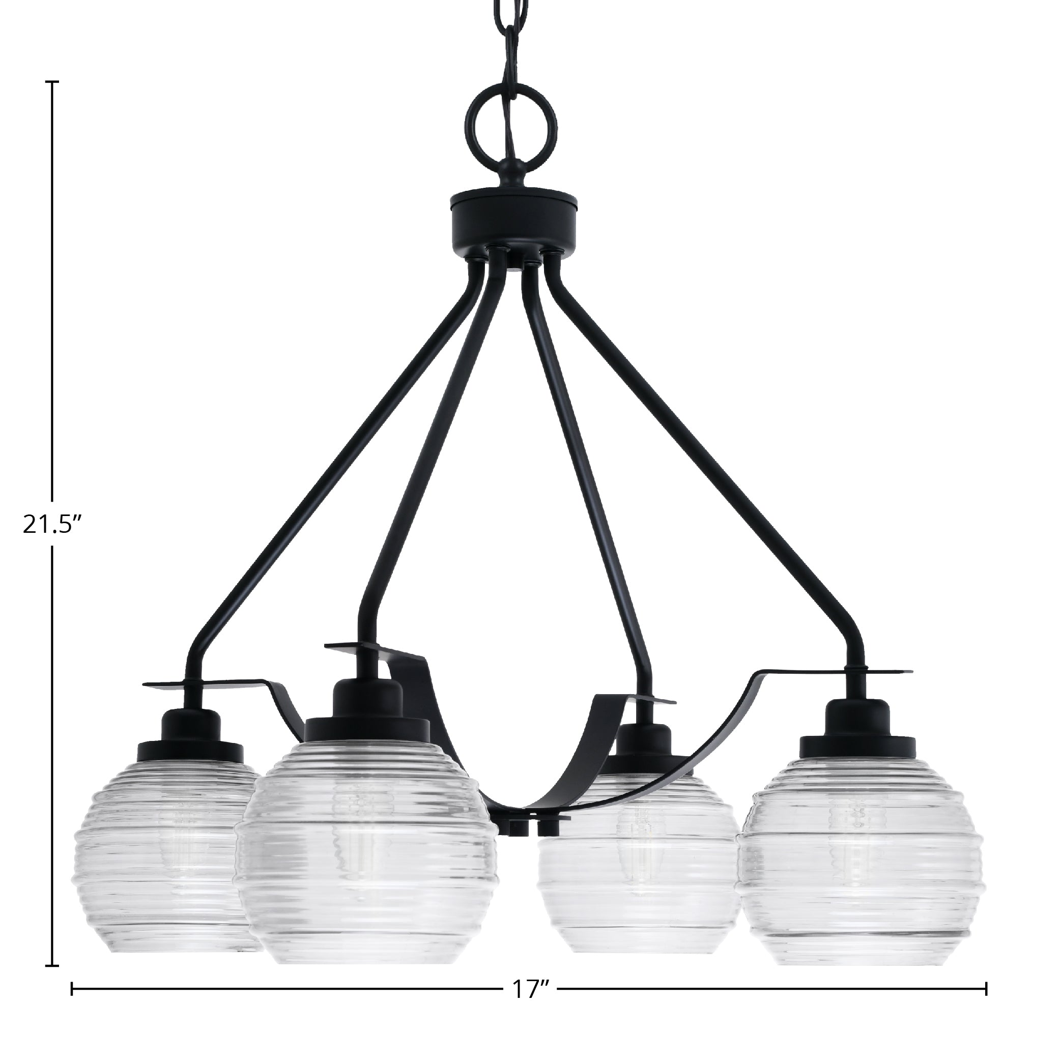 Odyssey Four Light Chandelier in Matte Black with 6" Clear Ribbed Shade
