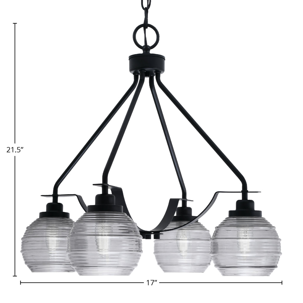 Odyssey Four Light Chandelier in Matte Black with 6" Smoke Ribbed Shade