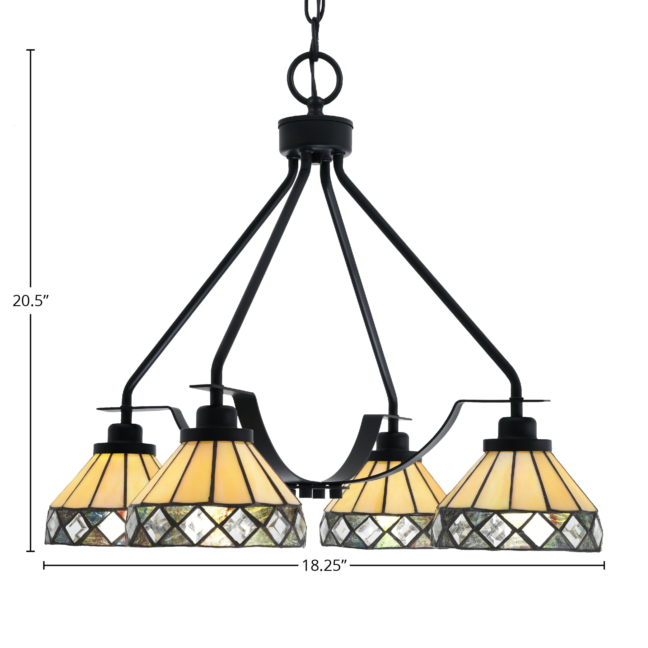 Odyssey Four Light Chandelier in Matte Black with 7" Diamond Peak Art Glass Shade