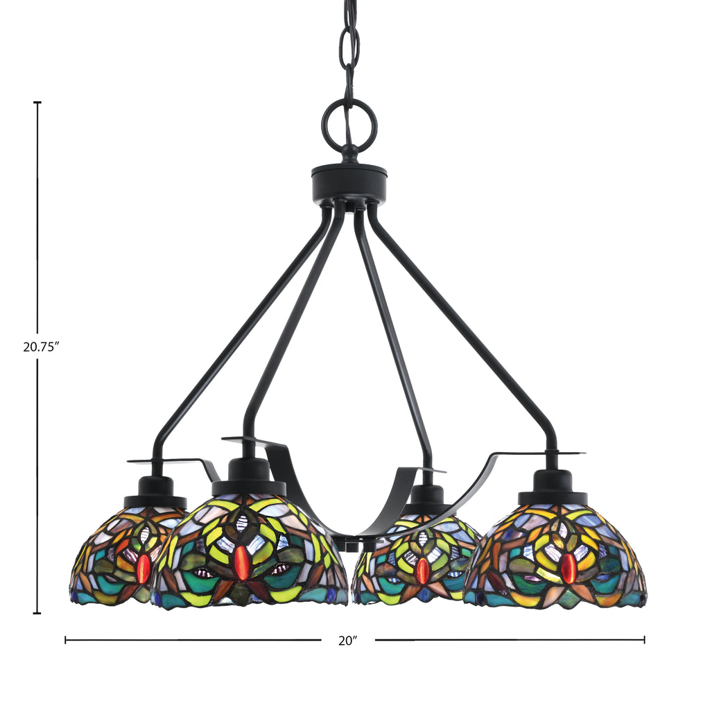 Odyssey Four Light Chandelier in Matte Black with 7" Kaleidoscope Art Glass Shade