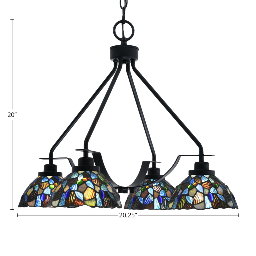 Odyssey Four Light Chandelier in Matte Black with 7" Blue Mosaic Art Glass Shade