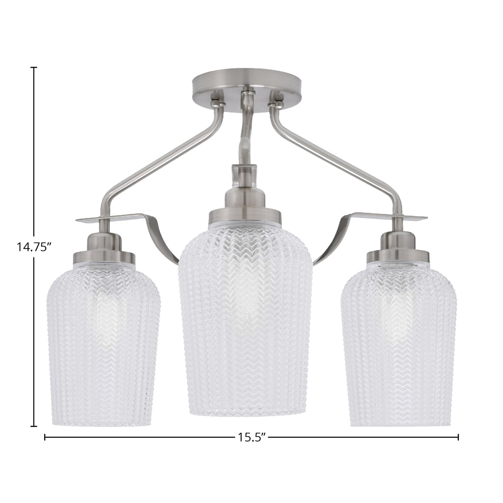 Odyssey Three Light Semi-Flush Mount in Brushed Nickel with 5" Clear Textured Shade