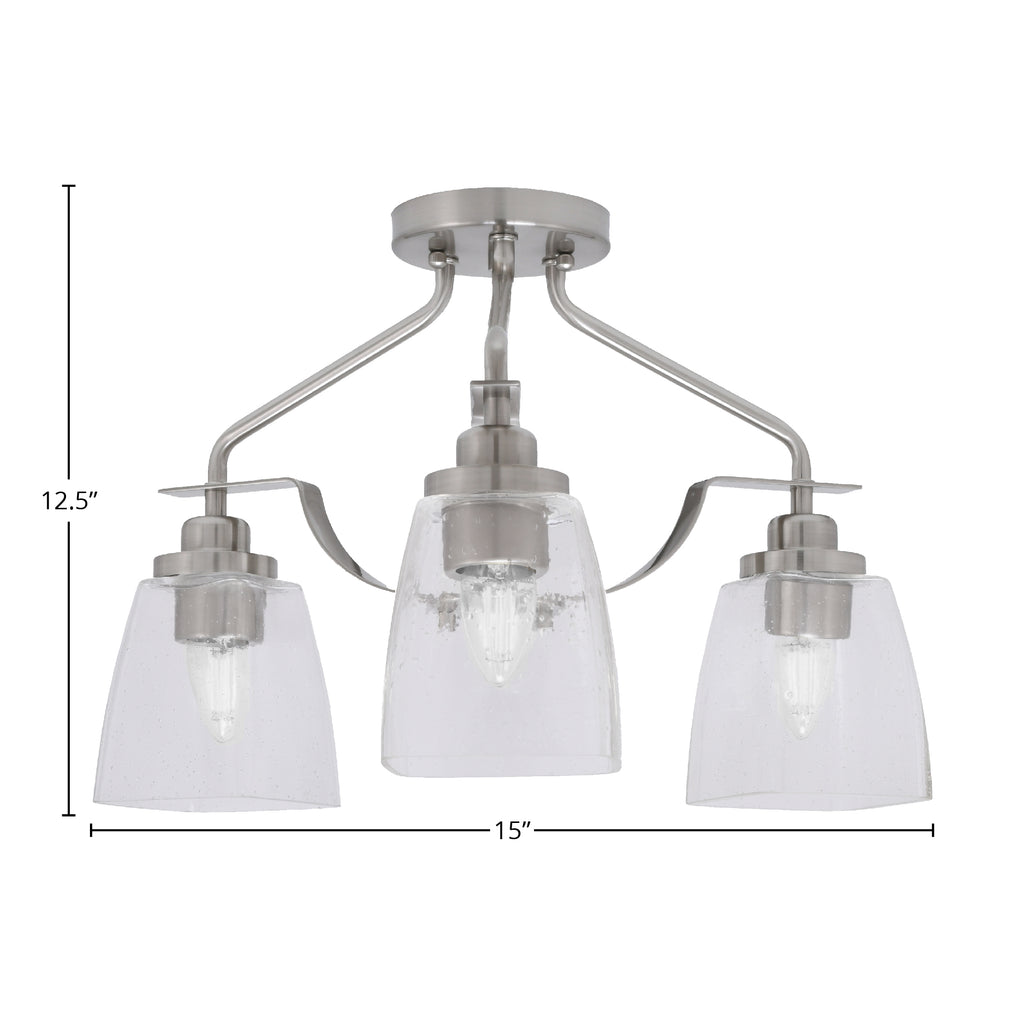 Odyssey Three Light Semi-Flush Mount in Brushed Nickel with 4.5" Square Clear Bubble Shade