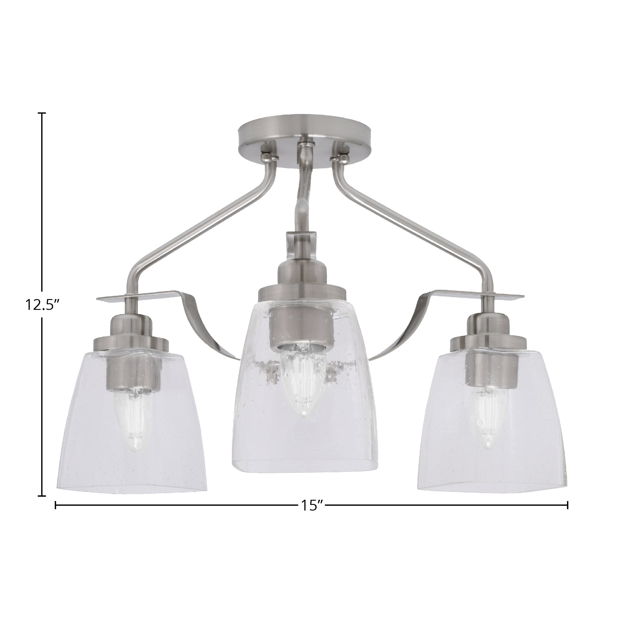 Odyssey Three Light Semi-Flush Mount in Brushed Nickel with 4.5" Square Clear Bubble Shade