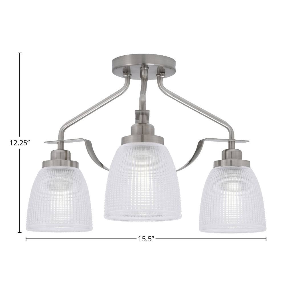 Odyssey Three Light Semi-Flush Mount in Brushed Nickel with 5" Clear Ribbed Shade