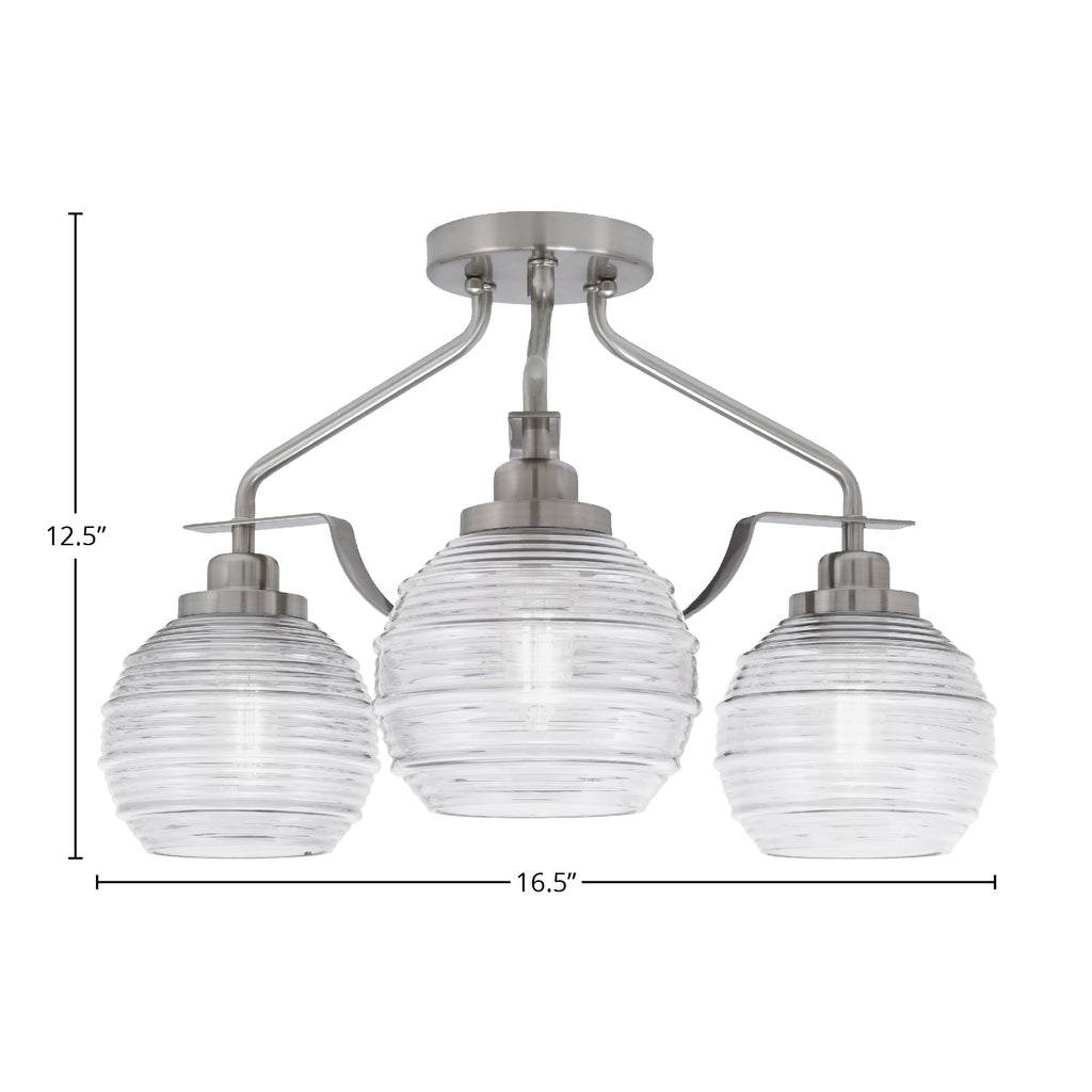 Odyssey Three Light Semi-Flush Mount in Brushed Nickel with 6" Clear Ribbed Shade